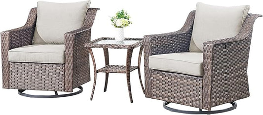 Outdoor Patio Table and Chairs Set - 3 Piece Outside Wicker Conversation Bistro Dining Furniture Sets with Rocking Swivel Chair and Glass Top End Tables for Front Porch Balcony Yard – Brown/Beige