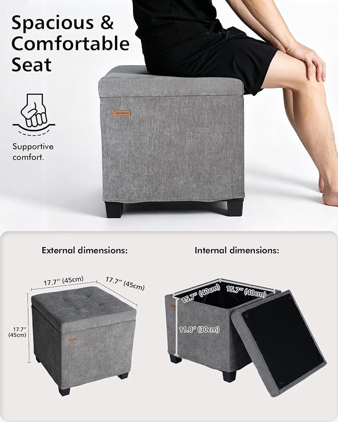 ABHENG Steel Frame Square Ottoman with Storage Gray UASND641G | 17.7" x 17.7" x 17.7", Hold 660 lbs, 48L Storage Capacity, Breathalbe Chenille, Removable Lid, for Dorm Living Room