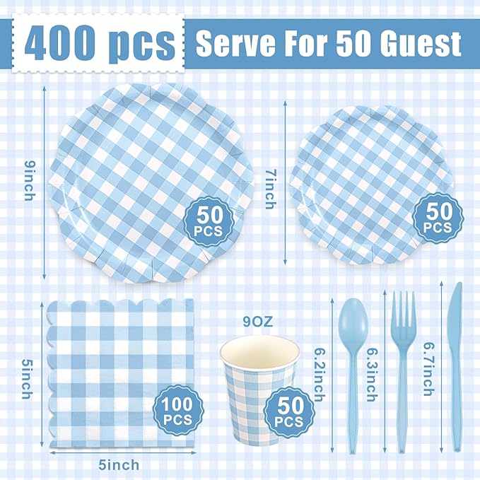 Funnymoom 400 Pcs Gingham Party Supplies for 50 Guests Light Blue and White Paper Plates and Napkins Knives Spoon Fork Cup Disposable Checkered Dinner Party Set Cutlery for Baby Shower Wedding Favor