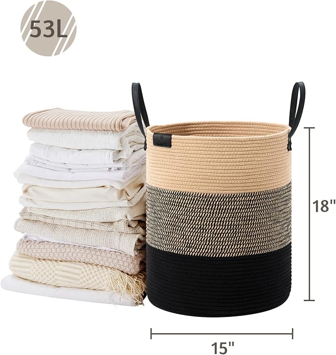 VIPOSCO 53L Tall Woven Rope Laundry Hamper, Leather Handles, Brown & Black | Large Wicker Laundry Basket for Dirty Clothes, Blanket, Toy, Towel, Yoga Mat, Storage Bin in Bedroom, Bathroom, Living Room