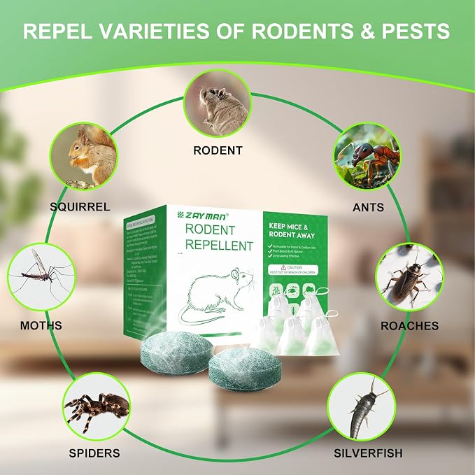 12PCS Mouse Rodent Repellent, Natural Mouse Repellent Peppermint Oil for Mice, Rats, Squirrels, Spiders and Pests, Keeps Pests Away Effectively from Garden & Home, Indoor & Outdoor Use