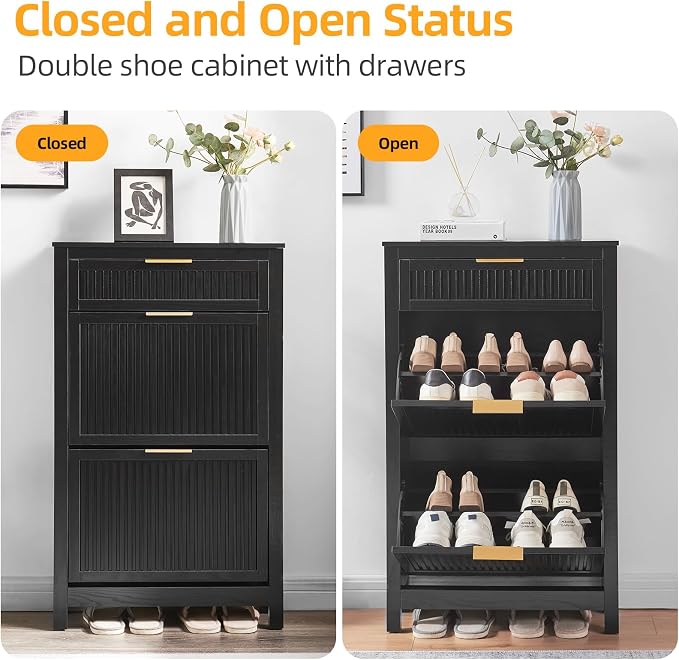 2-Flip Drawer Shoe Cabinet Narrow Entryway Rack, Black