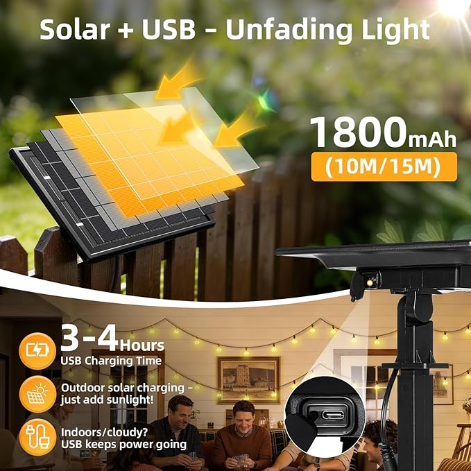 Solar Lights Outdoor Waterproof: G40 10M 33FT Shatterproof Bulbs Patio Lights - Solar Powered 3 Light Modes Solar Light - Camping Backyard Garden Deck Outside Yard