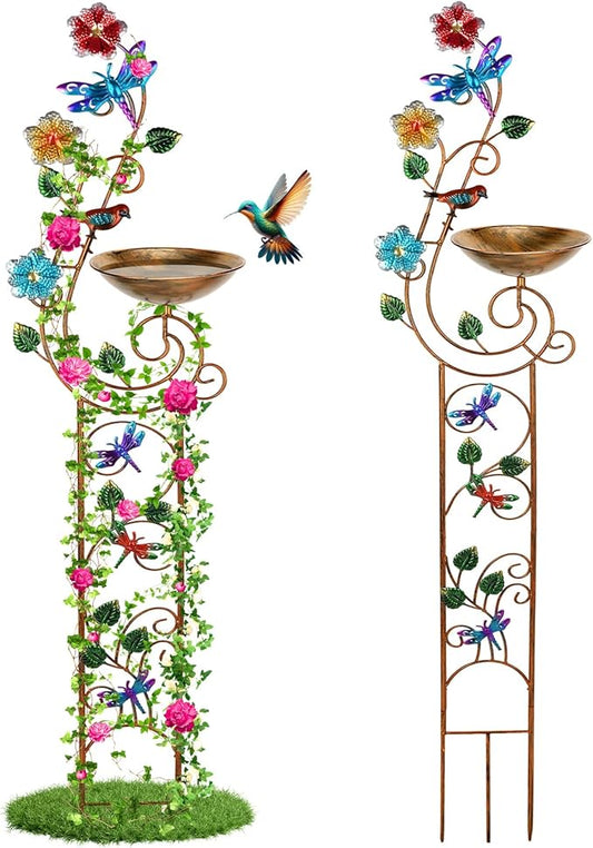 YADOOLIFE 57” Bird Bath with Garden Trellis for Climbing Plants Outdoor, Small Decorative Trellises Metal Birdbath Bird Baths, 1 Piece (Dragonfly)
