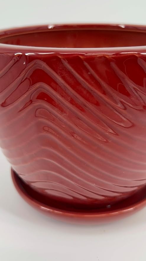 Garden & Home Red 8 Inch Indoor Ceramic Plant Pot with Attached Saucer and Drainage Hole for House Plants, Herbs, Flowers, Succulents, Snake Plants, Mom's Gift, Standard Pot