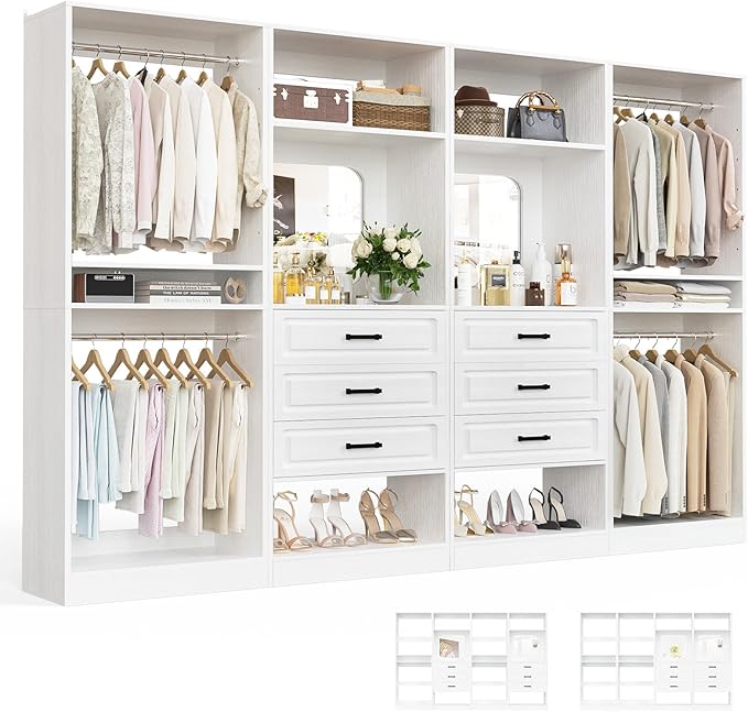 Unikito Closet System, 100" Closet Organizer with Drawers & Mirrors, White
