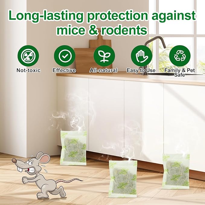 Pest Control Pouches, 15 Pack Peppermint Oil for Mice Rodent Rats Squirrel Pests Repellent Indoor Outdoor Use, Rodent Rat Mouse Deterrent Family Pet Safe Ideal for House Garage Warehouse (15 Pack)