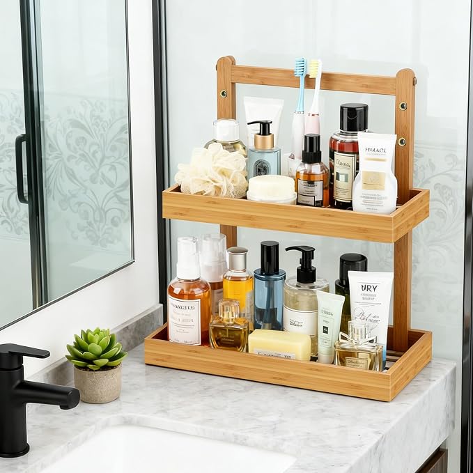 Bamboo Under Sink Organizer - 2 Tier Pull Out Cabinet Shelves with Adjustable Height, Undersink Storage Slide Out for Kitchen Bathroom Cabinet Pantry (Natual, 2 Packs)