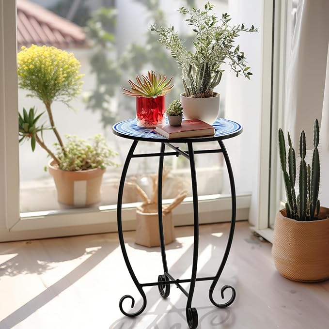 14" Round Outdoor Side Table, Metal Scrollwork Accent End Table with Unique Relief Ceramic Tile Tabletop, Coffee Tea Table Nightstand for Living Room, Bedroom