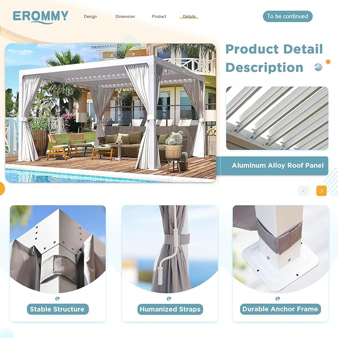 EROMMY Louvered Pergola 10x10, Outdoor Aluminum Pergola with Adjustable Rainproof Roof for Garden, Patio, Deck, Waterproof Curtains and Netting Included, White