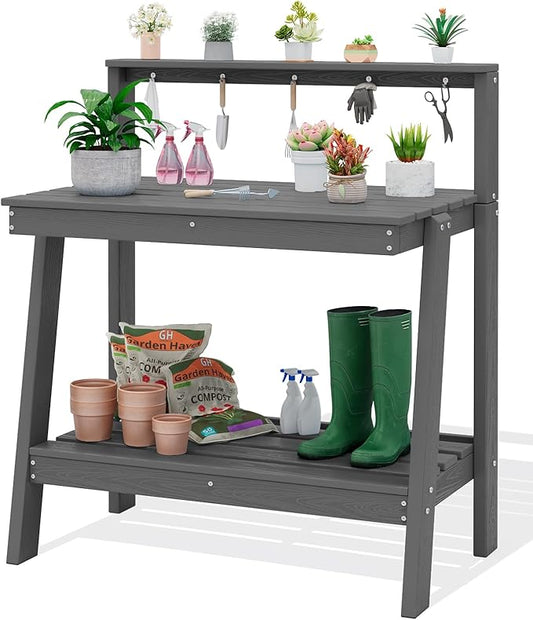 SERWALL Potting Bench Outdoor with Storage, 3-Tier HDPE Gardening Table with Angled Legs & Tool Hooks, All-Weather Heavy Duty Potting Table for Patio, Backyard, Garden, Gray
