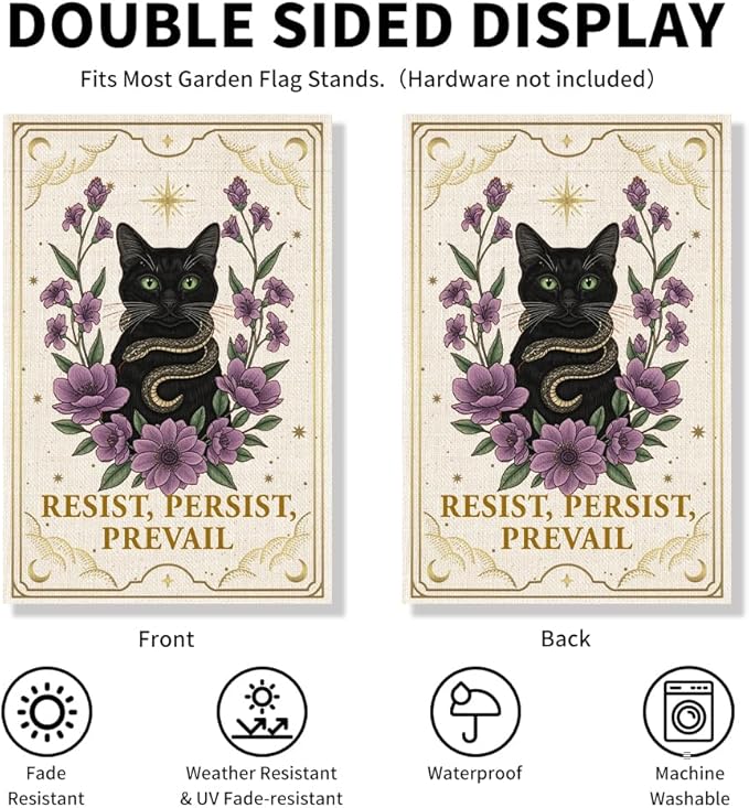 Resist Persist Prevail Garden Flag, Feminist Snake Cat Yard Decor, Empowerment Political Statement Justice Banner, Black Cat Lovers Flag Gifts, Community Welcome Home Holiday Party Outdoor Decor