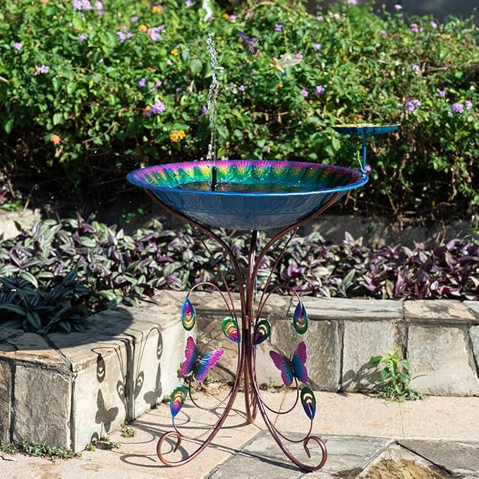 VEWOGARDEN 20" Dia Large Bird Bath for Outside, Metal Outdoor Birdbath with Stand & Feeding Tray for Garden, Yard, Patio Decor