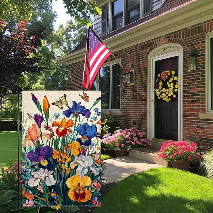 Iris Garden Flag 12x18 Double Sided, Spring Floral Welcome Yard Decor, Farmhouse Outdoor Flag for Lawn Patio Porch