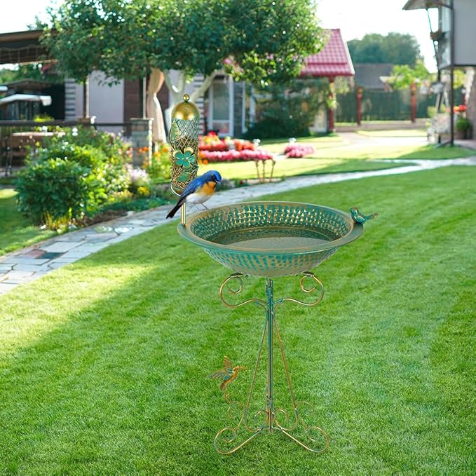 dreamysoul Bird Bath 13" Dia Bowl, Metal Birdbath with Mesh Feeder, Pedestal Bird Baths for Outside Outdoors Garden Patio Yard