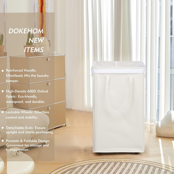 DOKEHOM 90L X-Large Rolling Laundry Basket Hamper on Wheels, Beige | Collapsible clothes hamper with removable mesh wash bag. High-capacity foldable washing bin organizer