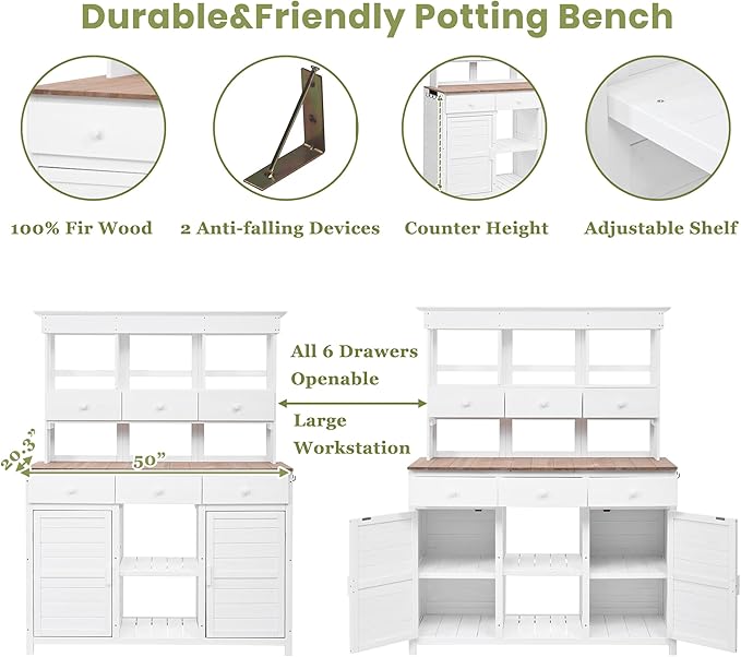 RUNNA 65.7'' H Tall Garden Potting Bench Table with Hutch,Patio Storage Workstation with 3 Shelves,6 Drawers,2 Bottom Cabinets&Side Hooks for Mudroom,Doorway (White@024, 65.7)