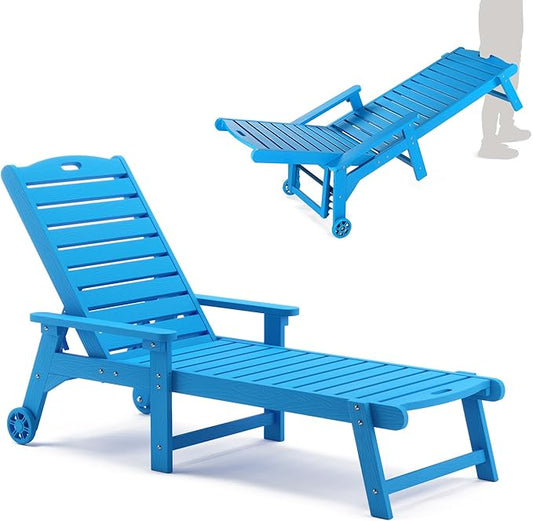 LUE BONA Outdoor Chaise Lounge, HDPS Chaise Lounger, 5 Positions Adjustable Lounge Chairs, Pool Lounge Chair with Wheels for Poolside, Backyard, Blue