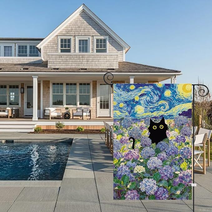 Baccessor Spring Summer Cat Garden Flag 12.5x18 Inch Double Sided Burlap with Clip and Stopper, Hydrangea Flowers Flags Starry Night Yard Lawn Seasonal Farmhouse Outside Outdoor Decoration