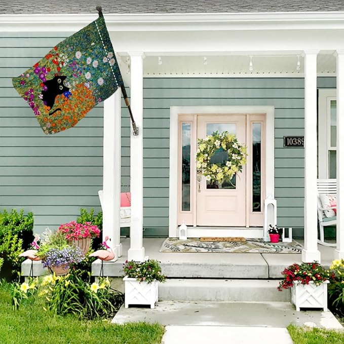 BLKWHT Spring Cat House Flag 28 x 40 Vertical Double Sided Colorful Floral Farmhouse Holiday Outside Decorations Burlap Yard Flag BW571-40