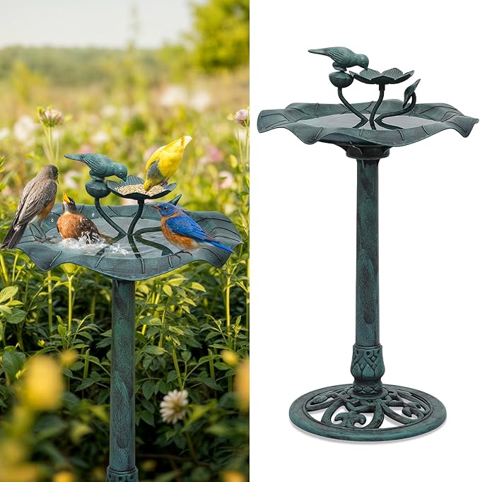 Athena Collection 35'' Height Bird Bath Vintage Pedestal Birdbath 5L Water Bird Fountain Polypropylene Lotus Accents Bird Bath Bowl Outdoor Decor 2 Tier Birdbath for Outside, Patio, Garden, Green