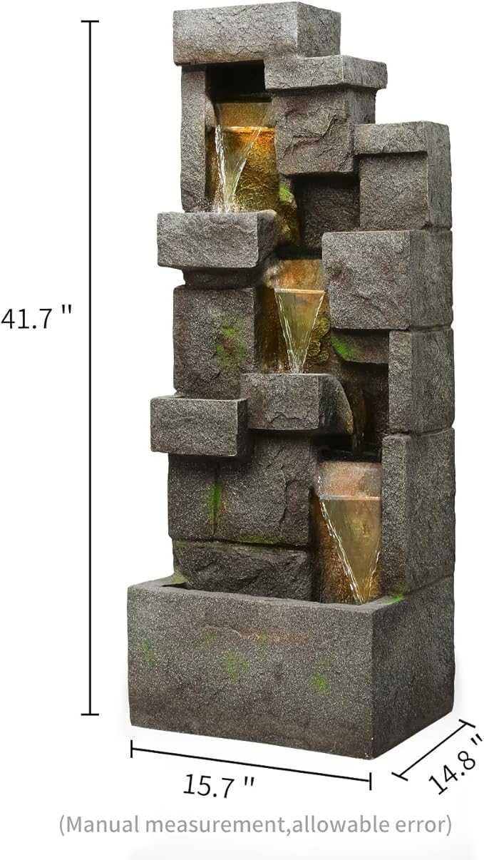 41.7" Outdoor Water Fountains 3 Tier Modern Floor-Standing Fountain with LED Lights and Pump Outdoor Rock Waterfall Fountain for Garden, Yard, Porch, Patio, Home Decor, Yellow