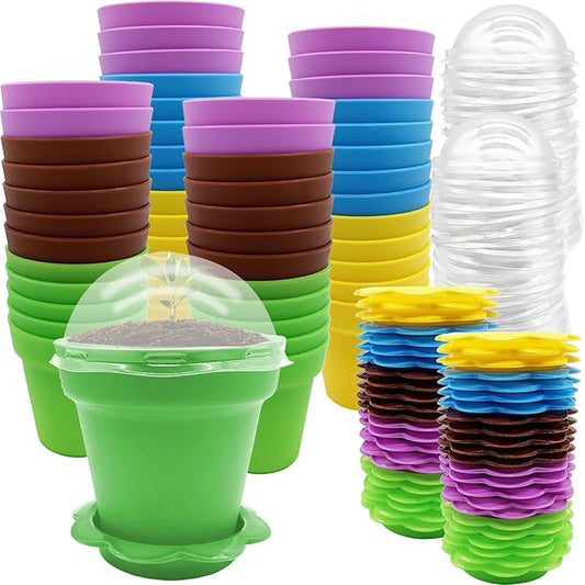 PURPLE STAR 1N 50 Packs Cupcake Plant Nursery Pots with Humidity Dome- Planting Containers Cups- Small Flower Pots for Indoor Outdoor Plant Succulent Vegetable (Mixed Color)