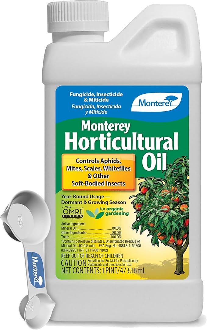Monterey Horticultural Oil - Organic Gardening Fungicide, Insecticide, & Miticide Bundled with Measuring Spoon - Use for Aphids, Mites, Scales - 16 oz/Pint