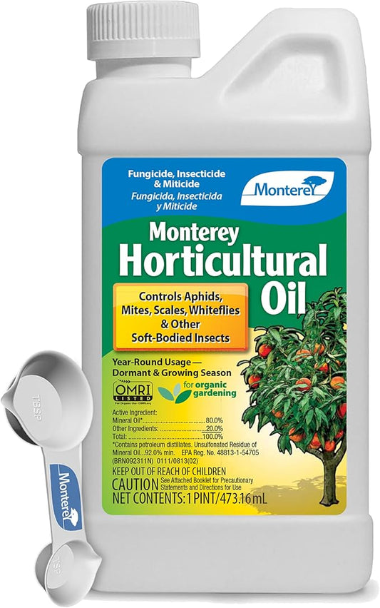 Monterey Horticultural Oil - Organic Gardening Fungicide, Insecticide, & Miticide Bundled with Measuring Spoon - Use for Aphids, Mites, Scales - 16 oz/Pint