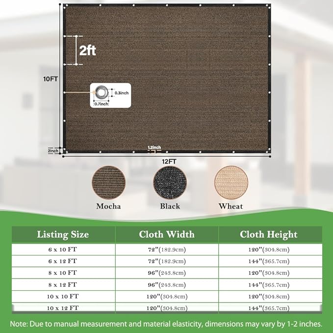 SEEYE 90% Sun Shade Cloth, 10 x 12 FT Durable Privacy Screen Shade Cover, Pergola Shade Cover with Grommets, UV Block Mesh Tarp for Plant Cover, Greenhouse, Patio, Chicken Coop, Balcony, Mocha
