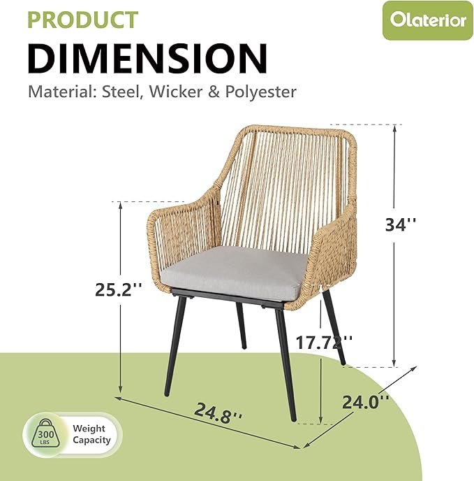 Patio Dining Chairs, Outdoor Dining Chairs with Armrest & Cushion Set of 2, All-Weather Woven Twisted Wicker Rattan Chair, Modern Indoor Outdoor Seating for Garden Lawn Backyard Natural