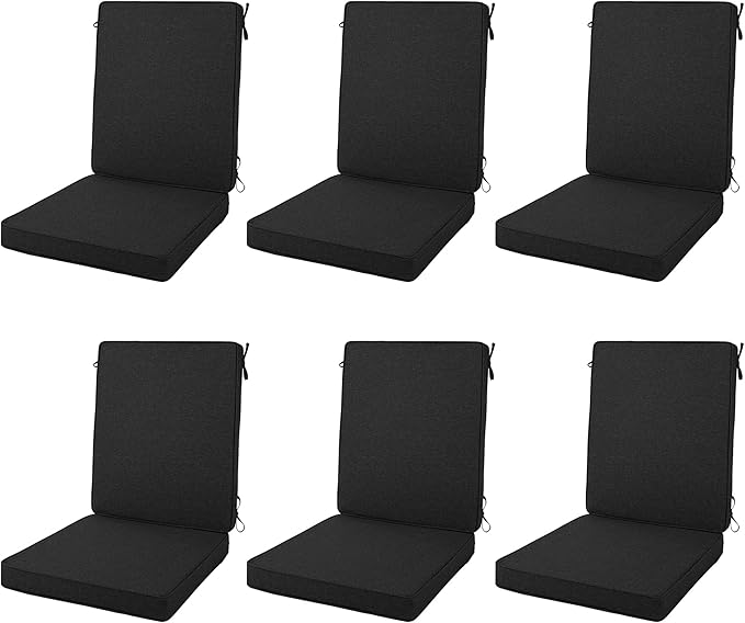 Outdoor Chair Cushions 20x20, Water-Resistant & Fade-Resistant, Patio Furniture Lawn Dining Chair Seat Replacement with High Back, Ties Zipper, Removable Cover, Set of 6, Black