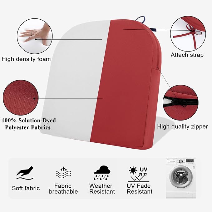 Topotdor Outdoor Chair Cushions for Patio Furniture,Waterproof Patio Chair Cushions Set of 2,Indoor/Outdoor Round Corner Chair Seat Cushion with Ties,18"x18"x3" Red