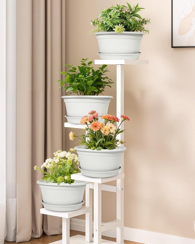 VIDELLY 13 Inch Large Flower Pots 2-Pack, Beige Plastic Planters with Drainage Hole & Tray, Indoor Outdoor Modern Plant Pots for House Plants, Garden, Patio, Office Home Decor