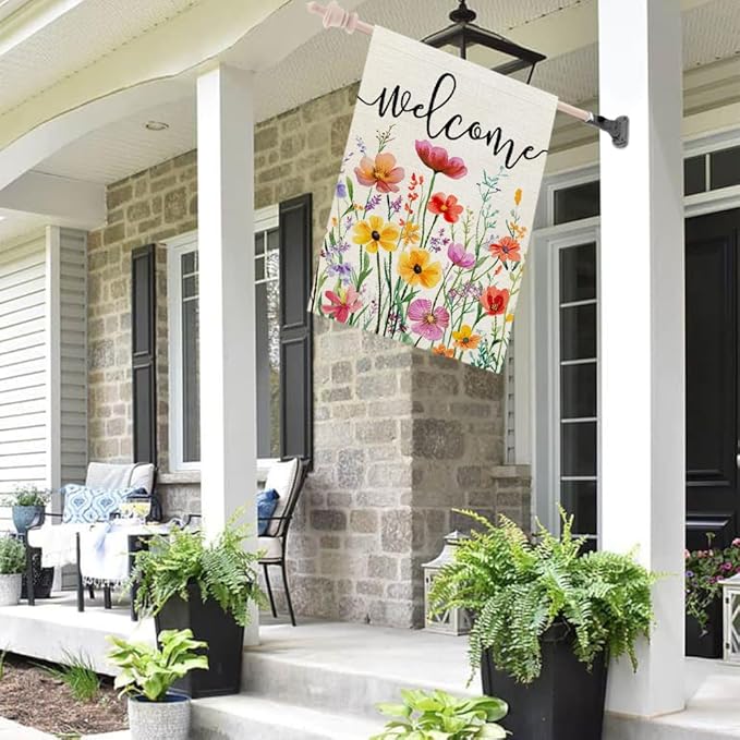 CROWNED BEAUTY Spring House Flag Wildflowers Floral Double Sided 28x40 Inches Large Burlap Welcome Holiday Seasonal Yard Decoration for Outside Porch CF1761-40