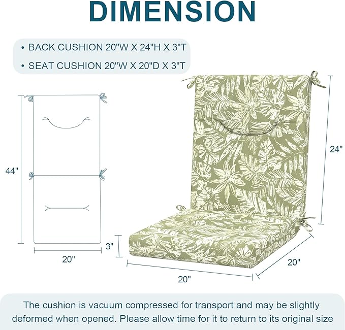 DYTXIII Outdoor High Back Chair Cushions Set of 2, 44x20 in Water Repellent Patio Seat Cushions with Elastic Sponge, All Weather Cushions for Rocking, Dining Chairs, Patio Furniture - Tropical Green