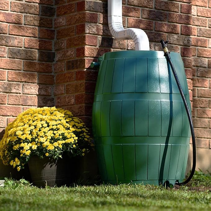 FCMP Outdoor Raincatcher 4000 Rain Barrel, Flat-Back Rainwater Catcher with Spigots, 50 Gallon, Green - Portable Water Storage Container Tank for Home, Garden, and Backyard