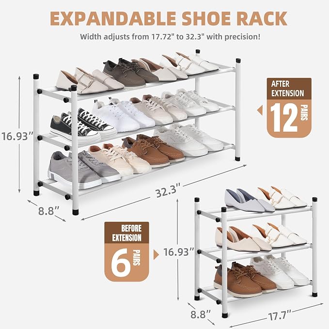 STORAGE MANIAC Expandable Shoe Rack, 12 Pairs Stackable Small Shoe Rack, Metal Adjustable Shoes Organizer for Closet, Entryway, Hallway, Garage, Front Door, Shoes Shelves, White 3 Tier