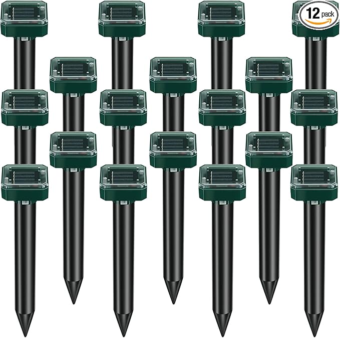 Mole Repellent for Lawns Solar Powered Mole Repeller Ultrasonic Gopher Repellent Waterproof Outdoor Snake Stakes Spikes for Yard Garden Gophers Groundhogs Voles Rodent (12, Small)