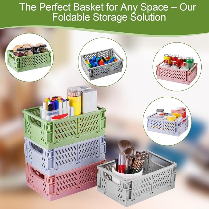 HUUSMOT 4-Pack Collapsible Plastic Storage Baskets, Purple, 9.8"x6.5"x3.8" | Pastel, Space-Saving, Collapsible Plastic Bins, Cute Mini Storage Crates, for Classroom, Kitchen, Office, Bedroom
