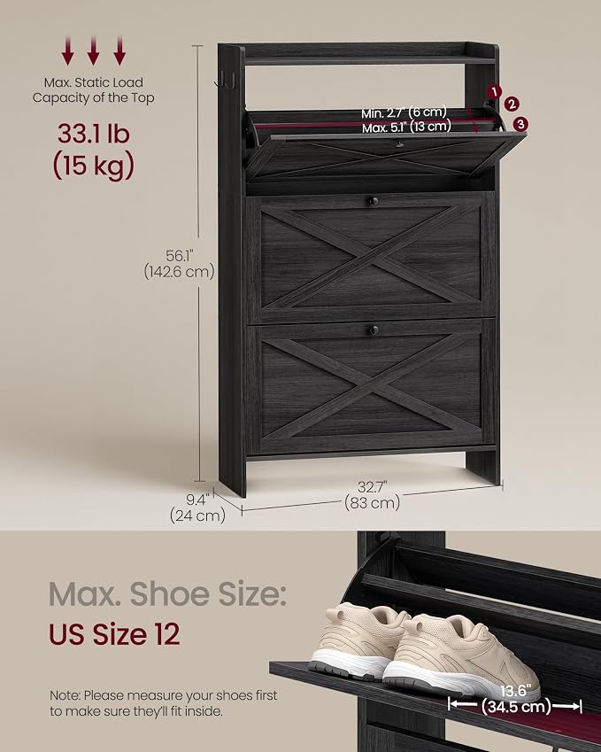 VASAGLE Narrow Shoe Storage Cabinet Organizer with 3 Flip Drawers