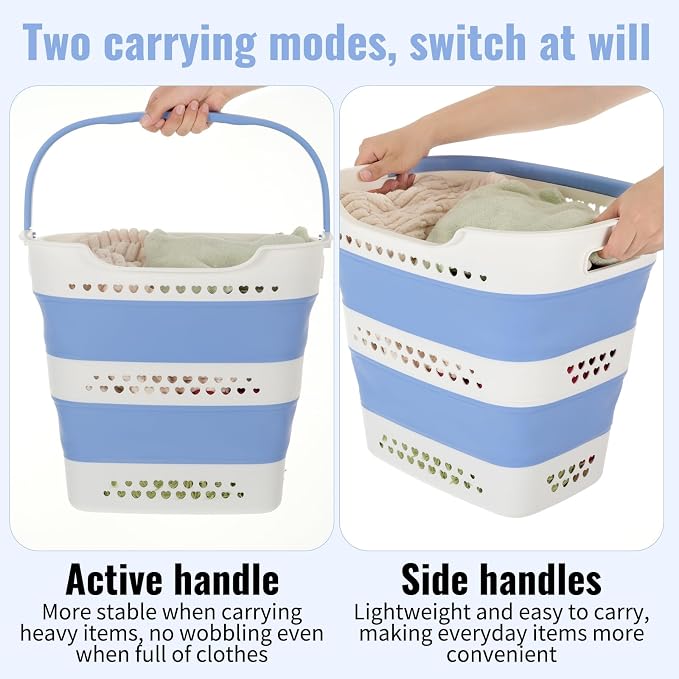 2 Pcs Collapsible Laundry Baskets for Clothes, 43L Plastic Laundry Hamper for Dorm Bedroom, Space Saving Pop-Up Laundry Hamper Container, Durable Foldable Laundry Basket with Handles (Lake-Blue)