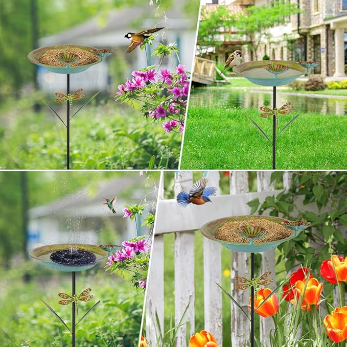 DREAMSOUL 39" Tall Teal Bird Bath Stake with Dragonfly Stake, 12" Dia Birdbath with Lotus Feeders, Metal Bird Bath for Outside for Garden Yard Patio