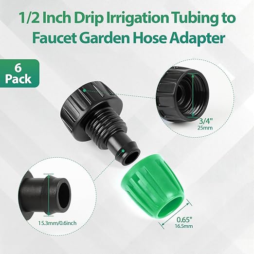 RedChili 6 Pcs 1/2 Inch Drip Irrigation Tubing to Faucet/Garden Hose Adapter, 3/4" FHT to 1/2" (1/2" ID x0.6-0.65" OD) Drip Irrigation Fittings Female Garden Hose Water Line Connector