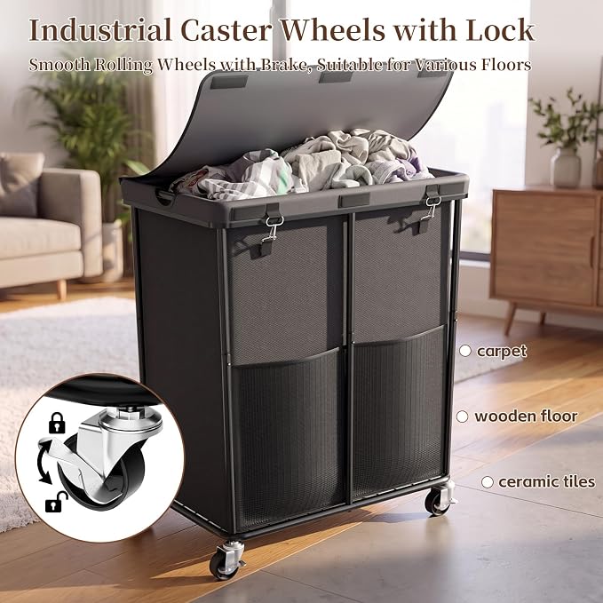 Laundry Hamper with Wheels and Lid, 225L Large Rolling Laundry Basket Gray | Heavy Duty Clothes Organizer, Sturdy Metal Frame, Lockable Swivel Casters, Removable Bag, For Bedroom, Bathroom, Laundry Room