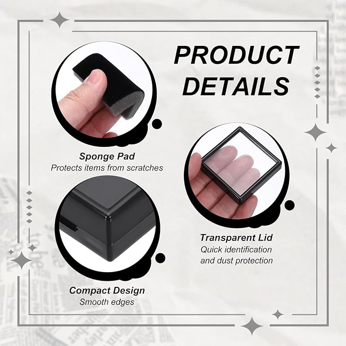 MECCANIXITY 6Pcs Gemstone Display Box, 1.2x1.2x0.7inch Acrylic Small Diamond Cases Square Jewelry Boxes Container with Sponge Cushions Clear Lids for Gems Coins Ring Crystal, White，Black