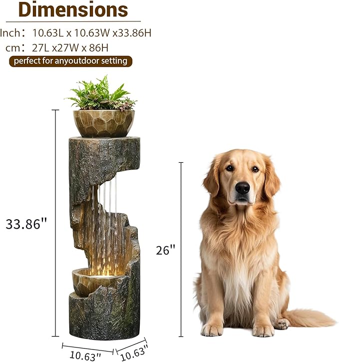 Sunlinua Outdoor Water Fountain with LED Light, Modern Spiral Tiered Outdoor Fountain with Stone Planter Curved Freestanding Waterfall Fountains for Garden Patio Deck Porch