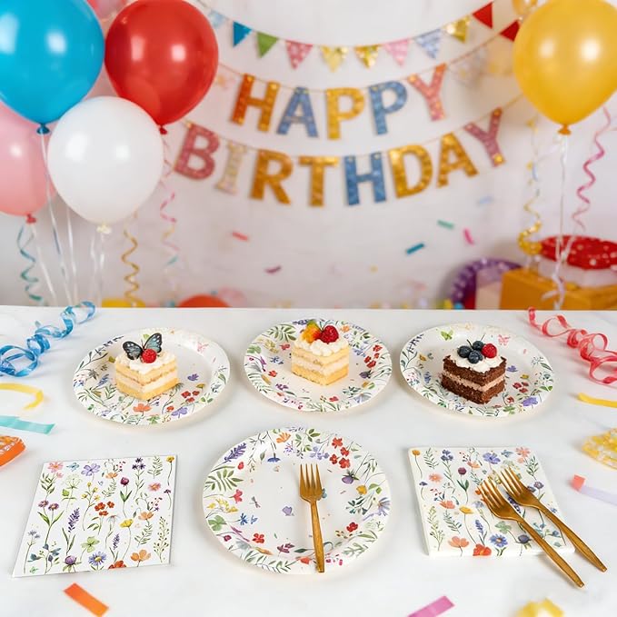 75Pcs Wildflower Plates and Napkins Party Supplies, Floral Paper Plates Wildflower Baby Shower Decorations Flower Party Plates Set for Spring Birthday Bridal Shower Tea Garden Party Decor, Serves 25