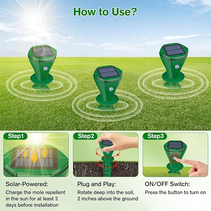 Mole Repellent Solar Powered, 4 Pack Ultrasonic Gopher Repeller IP65 Waterproof for Lawn Garden Yard, Sonic Vole Repellent Outdoor Get Rid of Snake Groundhog Chipmunk Squirrels, Green