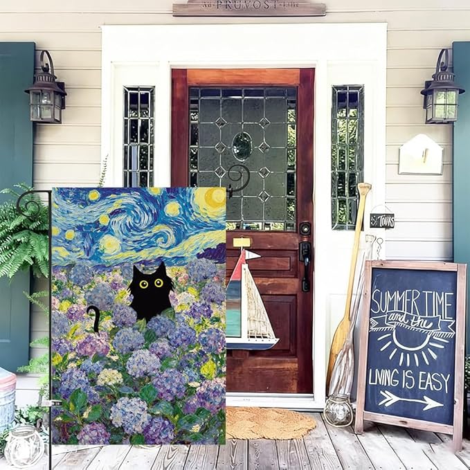Baccessor Spring Summer Cat Garden Flag 12.5x18 Inch Double Sided Burlap with Clip and Stopper, Hydrangea Flowers Flags Starry Night Yard Lawn Seasonal Farmhouse Outside Outdoor Decoration
